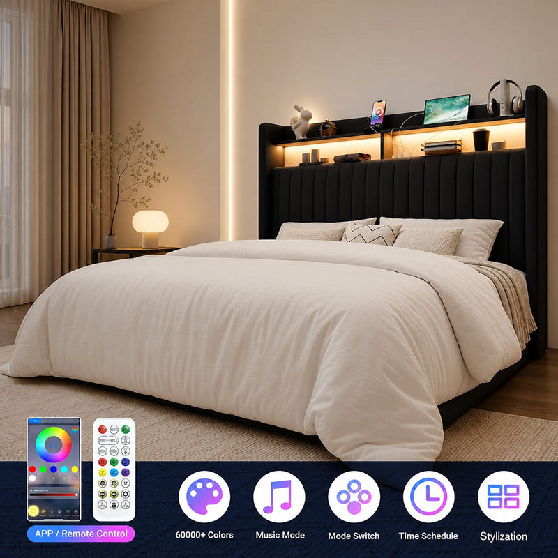 Lift Up Storage Bed Frame with Charging Station & LED Lights, Upholste ...