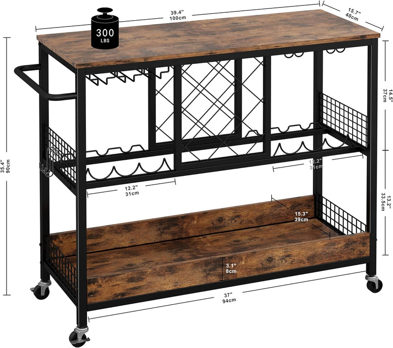 Bar Cart Kitchen Serving Cart with Wine Rack, Glasses Holder, Wheels