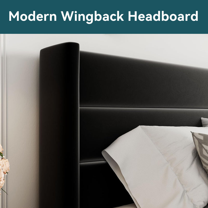 Velvet Lift Up Storage Bed with Modern Wingback Headboard Hydraulic Support, No Box Spring Needed