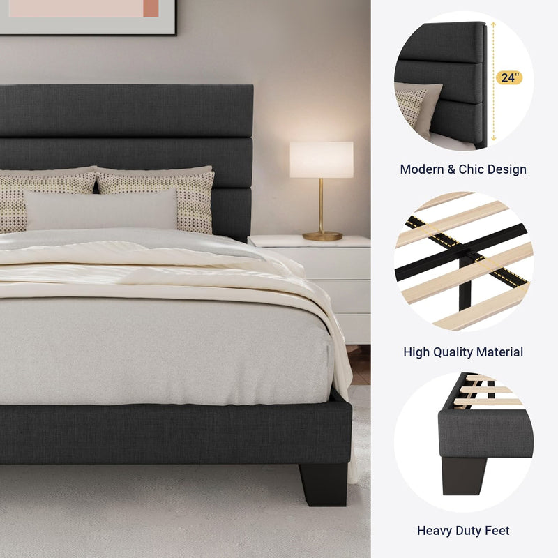 Platform Bed Frame with Fabric Upholstered Headboard and Wooden Slats Support, Fully Upholstered Mattress Foundation,Twin Size