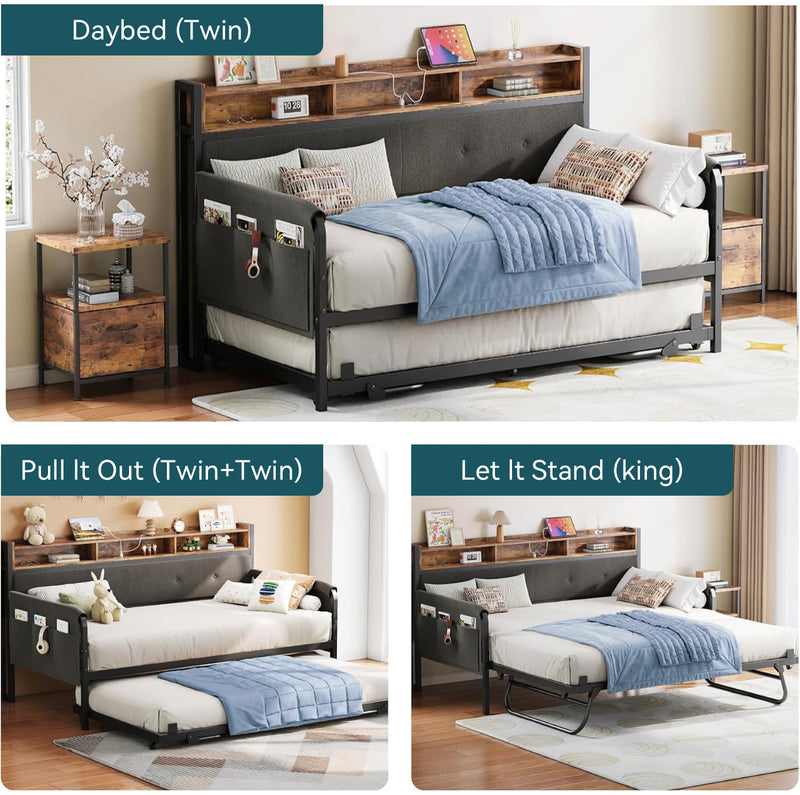 Daybed Sofa Day Bed with Trundle, Twin Bed Frame with Upholstered Headboard, Strong Supports and Charging Station