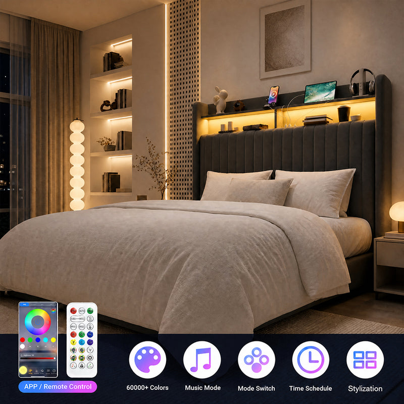Lift Up Storage Bed Frame with Charging Station & LED Lights, Upholste ...