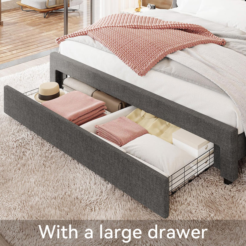 Upholstered Platform Bed Frame with 55 Inches Tall Headboard, Large Drawer, 2 Charging Station