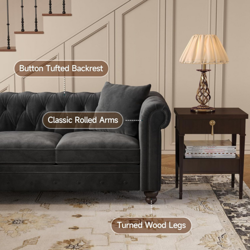 Chesterfield L-Shaped Sectional Sofa, Velvet 5 Seater Counch with 3 Throw Pillows, Tufted Corner Couch with Rolled Armrest