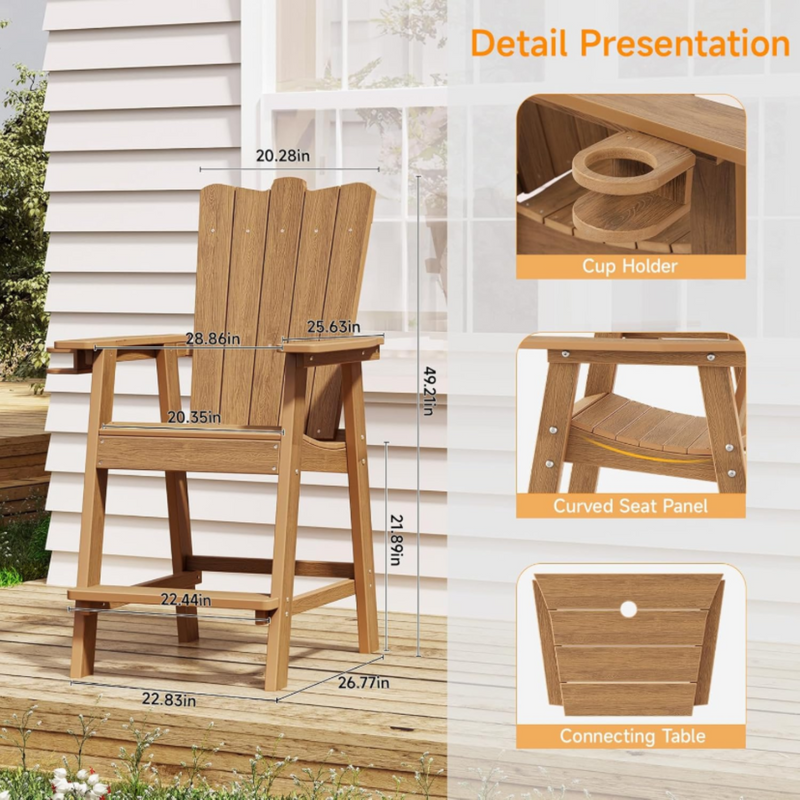 Tall Balcony Chair 2-Piece Set with Removable Connecting,  Outdoor Adirondack Chairs with Cup Holder and Umbrella Hole