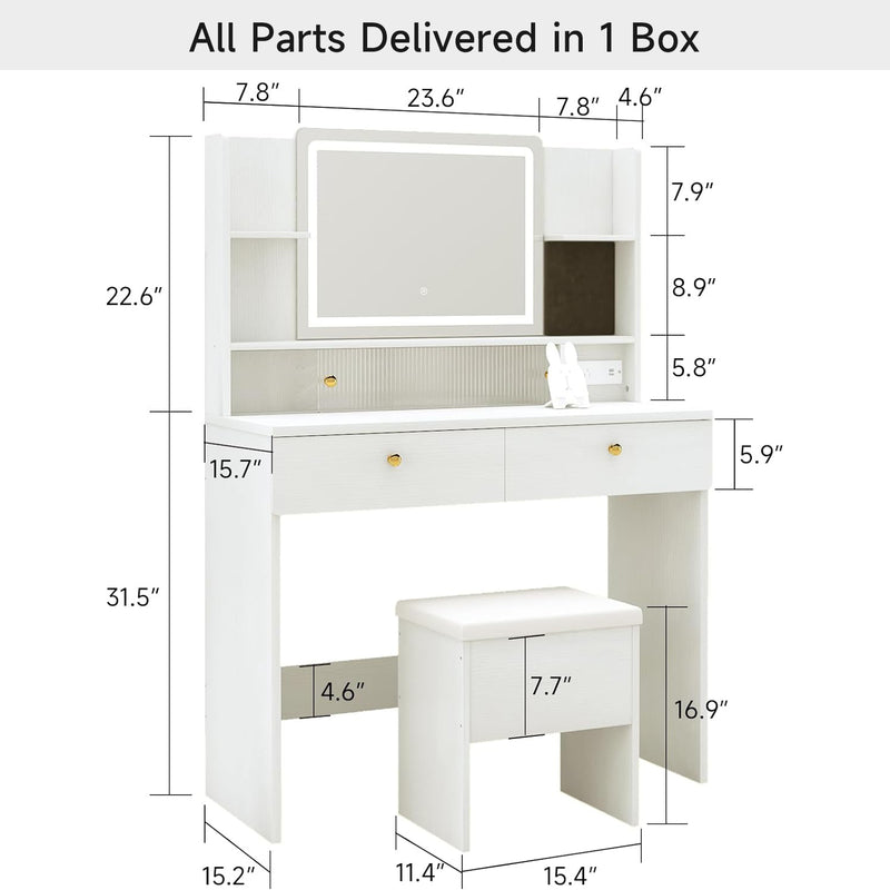 Vanity Desk Set with Large LED Mirror, Vanity Table with Storage Bench, Power Outlet, Drawers, Lovely Phone Holder