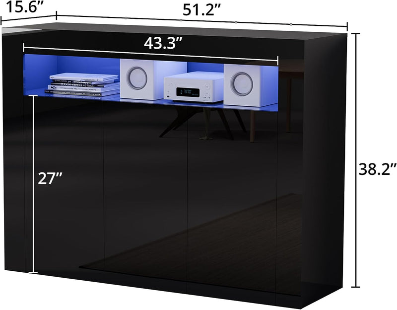 High Glossy Buffet Cabinet Sideboard Storage Cabinet Bar Cabinet with LED Lights Adjustable Shelf and 3 Doors