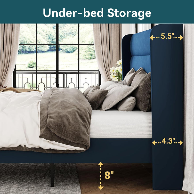 Velvet Platform Bed Frame with Vertical Tufted Wingback Headboard Under Bed Storage, No Box Spring Required