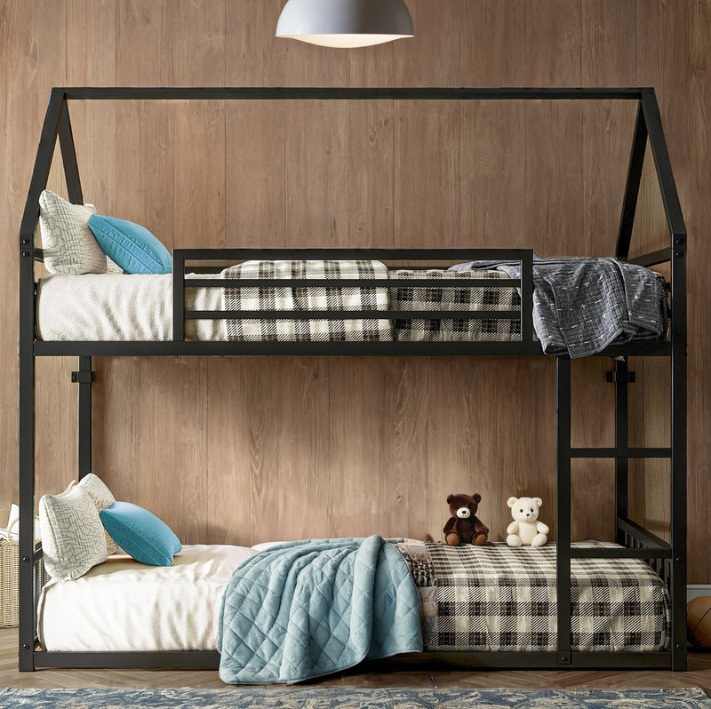 Bunk Bed House Bunk Bed Frame with Ladder and Guardrail, House Shaped Loft Bed with Metal Slats