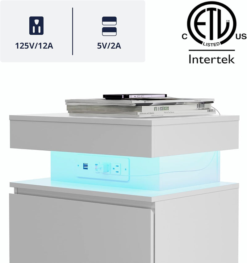 Nightstand Bedside Table/End Table with LED Lights and Charging Station