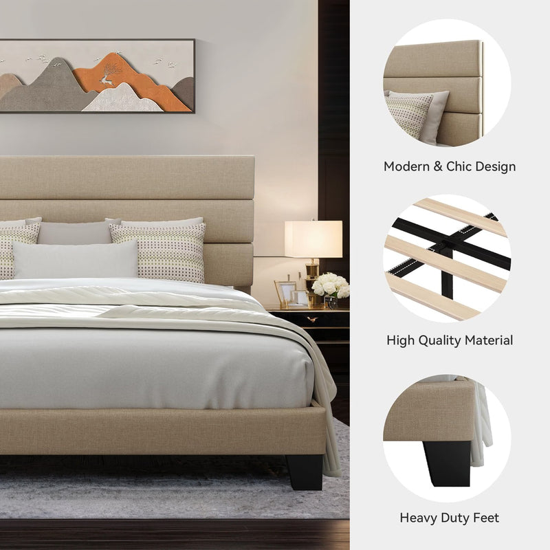 Platform Bed Frame with Fabric Upholstered Headboard and Wooden Slat Support, No Springs Required