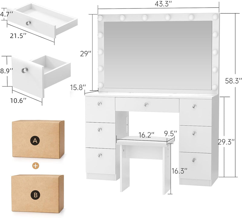 44 inch Makeup Vanity Desk with Lighted Mirror, Power Outlet, 7 Drawers, 3 Brightness