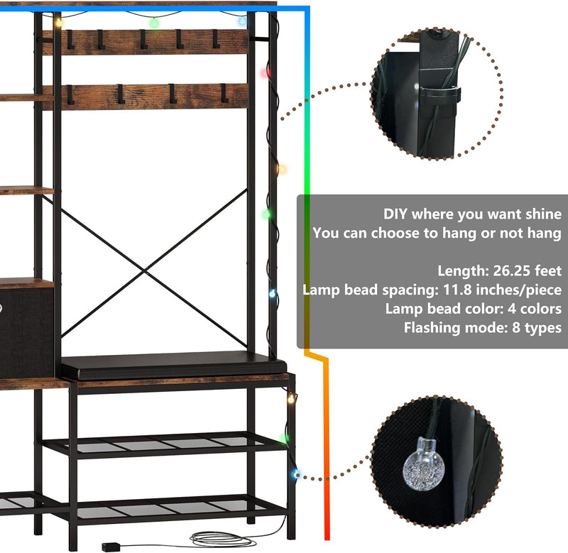 Hall Tree Entryway Shoe Bench with Lights, Storage Basket, Side Hooks, Cushion
