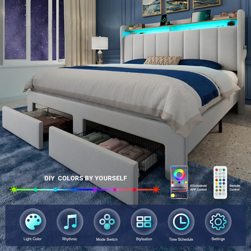 Velvet Upholstered Platform Bed Frame with LED Headboard, Storage Drawers & Charging Ports, No Box Spring Needed