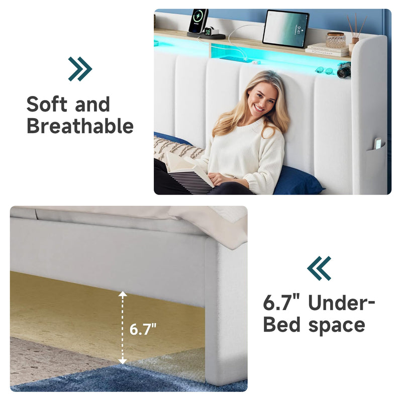 Velvet Upholstered Platform Bed Frame with LED Headboard, Storage Drawers & Charging Ports, No Box Spring Needed