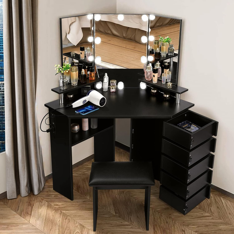 Corner Vanity Set Vanity Desk with Power Outlet, Storage, Lighting, Mirror, Stool