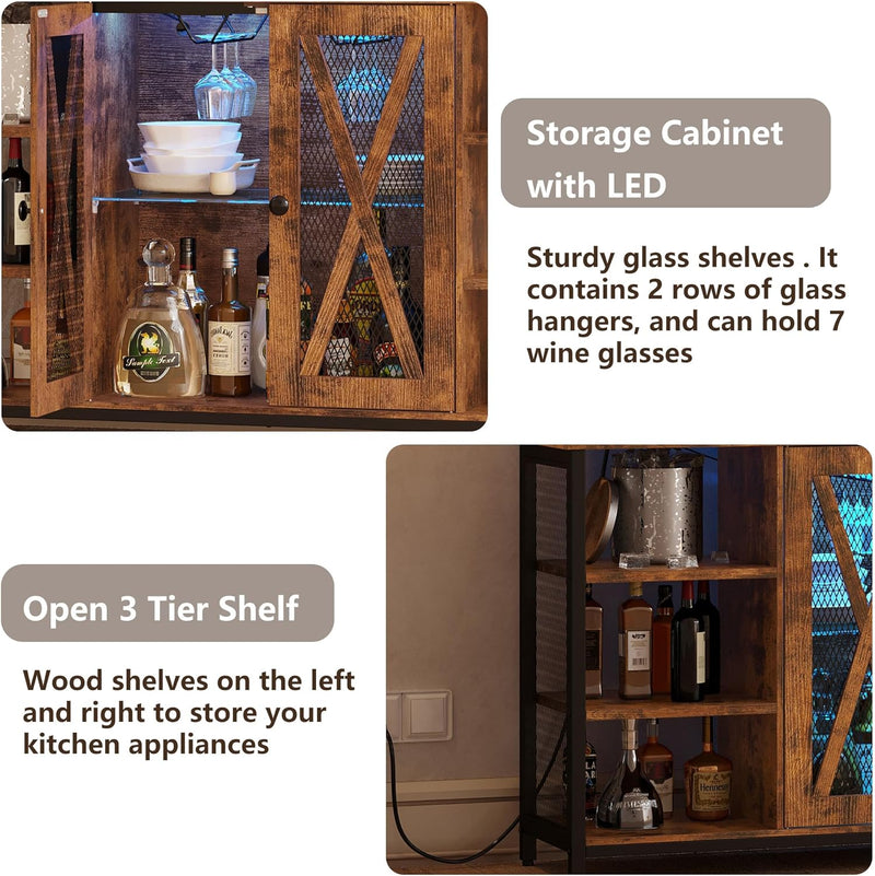 Coffee Bar Cabinet LED Industrial Buffet Cabinet 3-Tiers with Power Outlet, Glass Holder