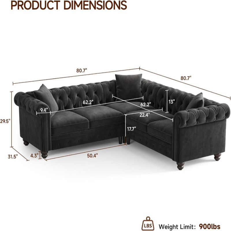 Chesterfield L-Shaped Sectional Sofa, Velvet 5 Seater Counch with 3 Throw Pillows, Tufted Corner Couch with Rolled Armrest