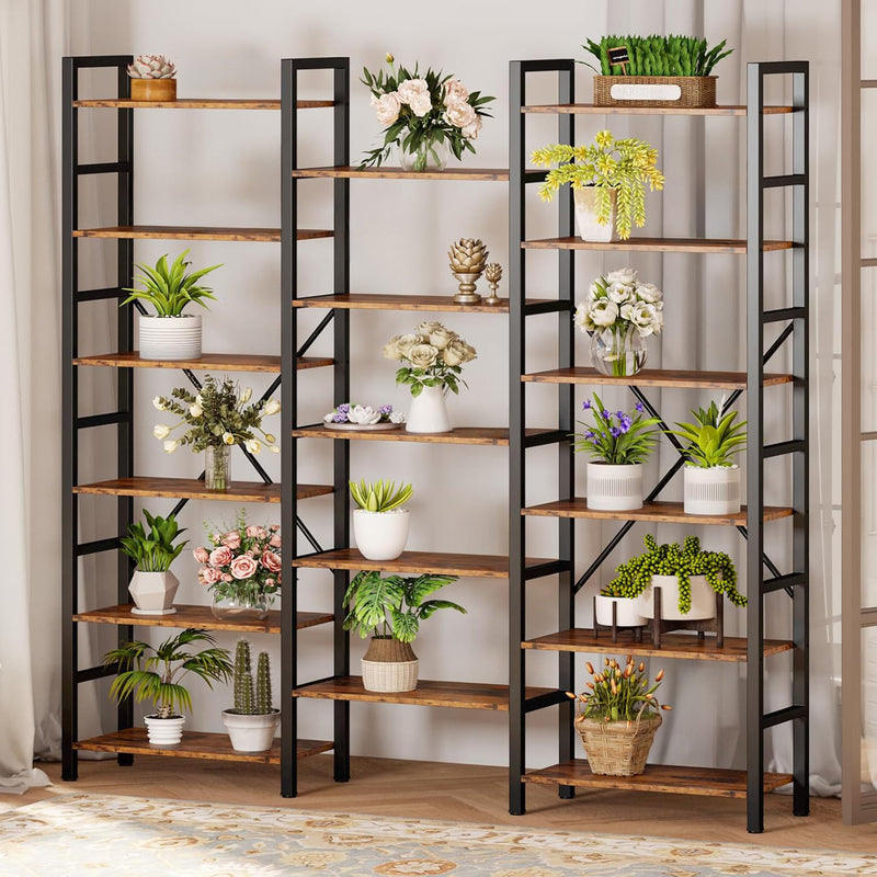Triple Wide 6 Tiers Industrial Bookshelf, Large Etagere Bookcases and Bookshelves Open Display Shelves with Metal Frame