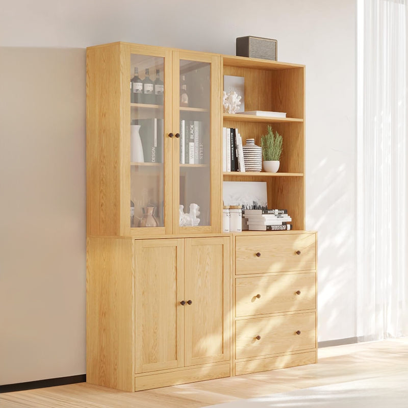 Black living room cabinet with glass doors showing shelves and pull-out drawers.