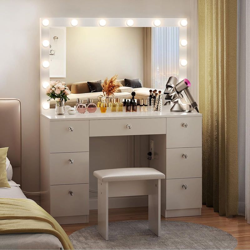 44 inch Makeup Vanity Desk with Lighted Mirror, Power Outlet, 7 Drawers, 3 Brightness