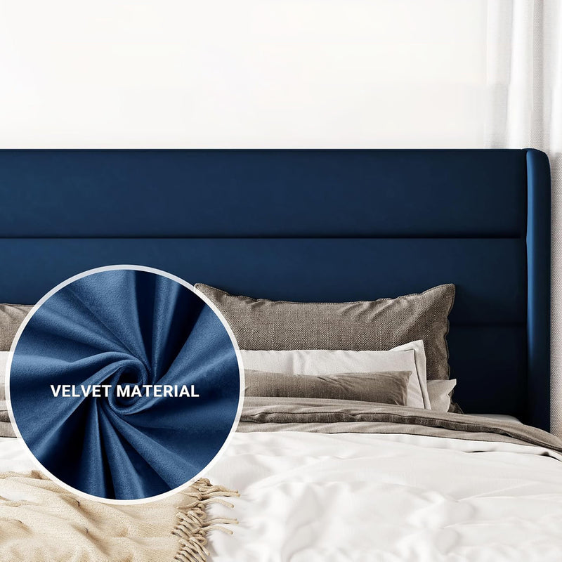 Velvet Platform Bed Frame with Vertical Tufted Wingback Headboard Under Bed Storage, No Box Spring Required