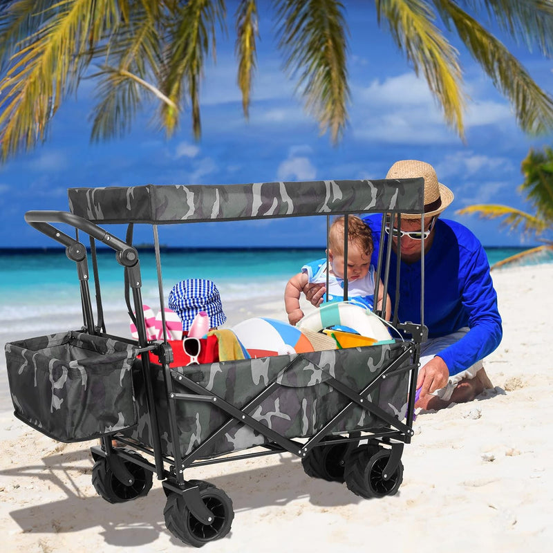 Folding Wagon All-Terrain Wheels Camping Cart with Canopy and Basket