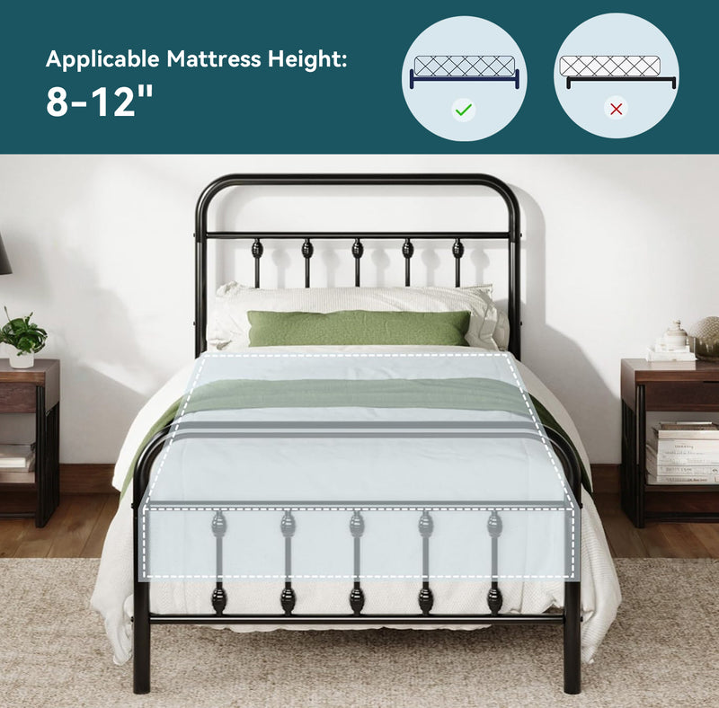 Twin Size Metal Platform Bed Frame with Victorian Style Iron-Art Headboard Mattress Foundation Under Bed Storage