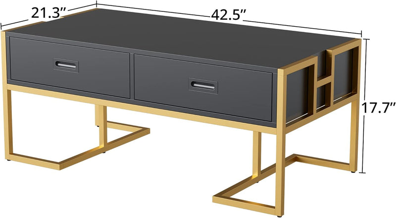 42.5 inch Rectangle Coffee Table Modern Living Room Table with Gold Base and Storage Drawers