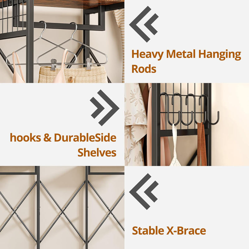 Freestanding Garment Rack with 4 Wooden Drawers, Hanging Rods and Storage Shelves, Heavy Duty Closet Wardrobe Rack, Industrial Vintage Brown