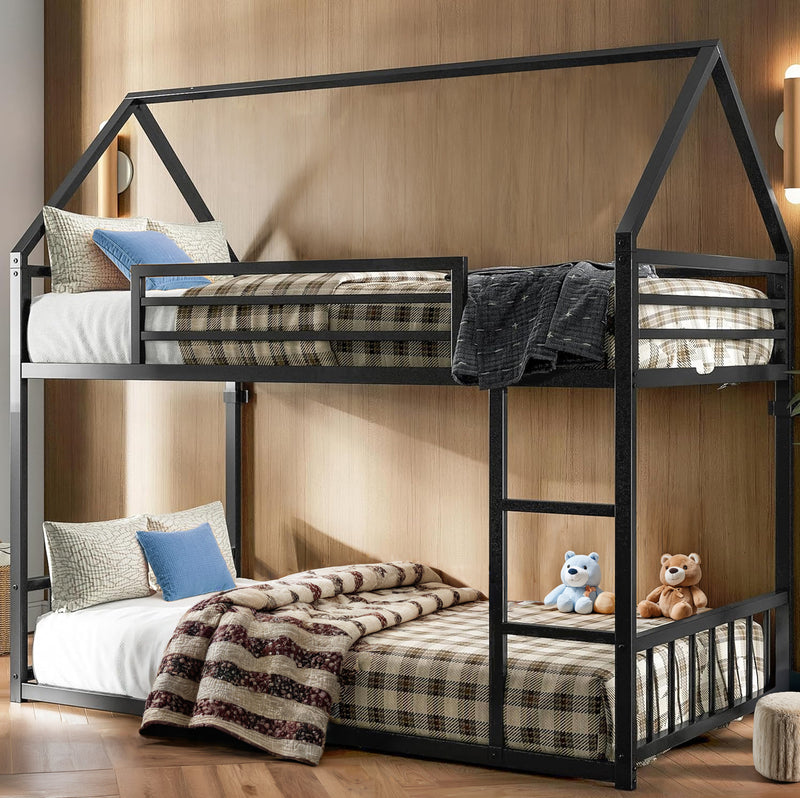 Bunk Bed House Bunk Bed Frame with Ladder and Guardrail, House Shaped Loft Bed with Metal Slats