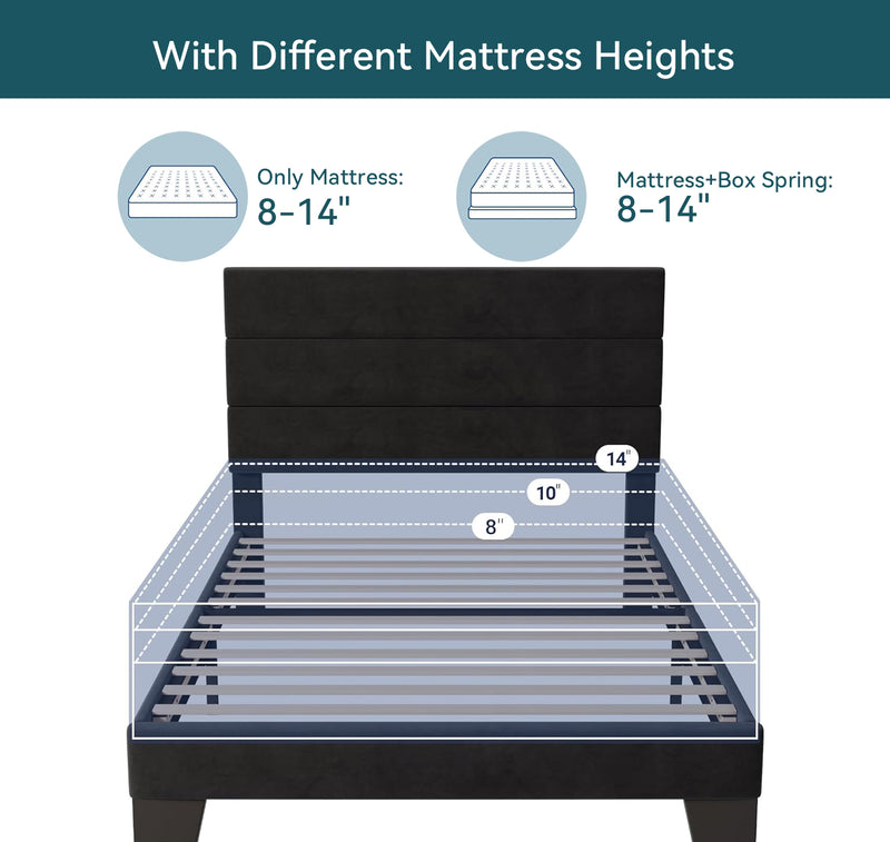 Twin Size Velvet Bed Frame Platform Bed Frame with Velvet Upholstered Headboard and Wooden Slats Support, Fully Upholstered Mattress Foundation