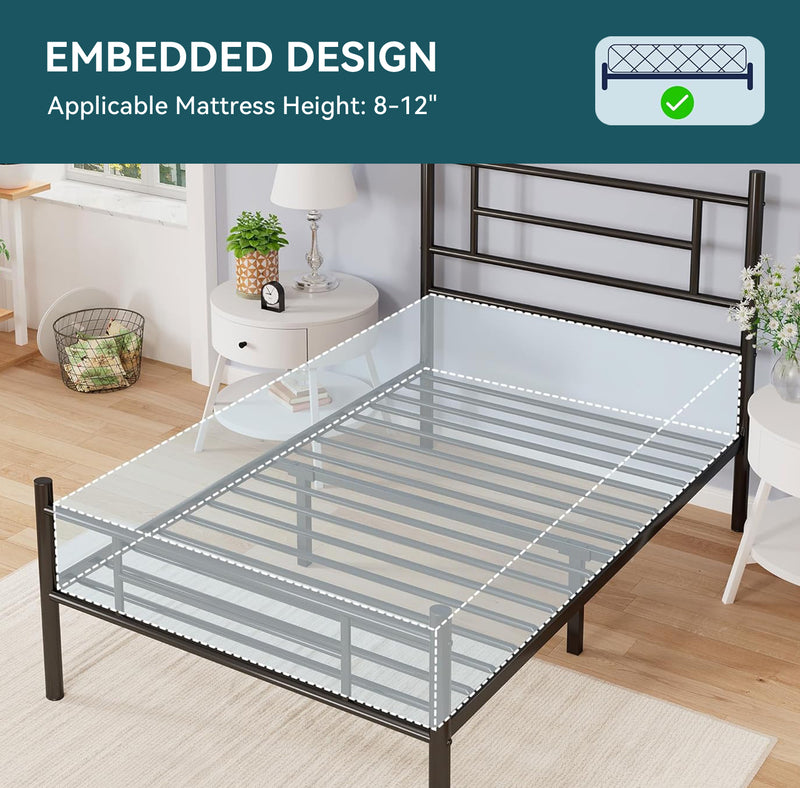 Twin Size Metal Platform Bed Frame with Headboard and Footboard Underbed Storage Strong Metal Slats Support Mattress Foundation, No Box Spring Needed