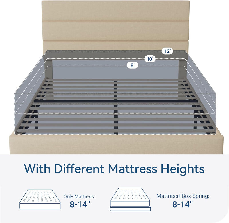 Platform Bed Frame with Fabric Upholstered Headboard and Wooden Slat Support, No Springs Required