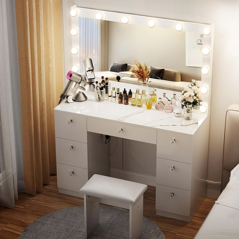 44 inch Makeup Vanity Desk with Lighted Mirror, Power Outlet, 7 Drawers, 3 Brightness