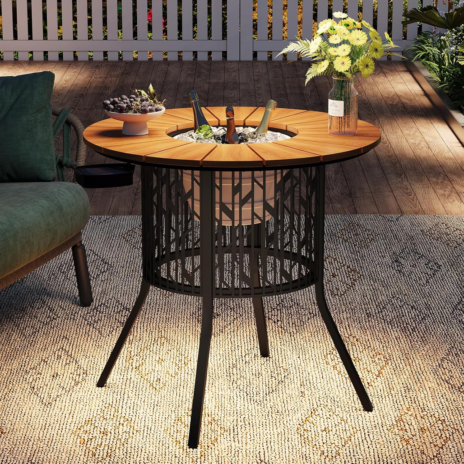 31.5 Inch Outdoor Table Solar LED Table with 3.3 Gallon Ice Bucket ...
