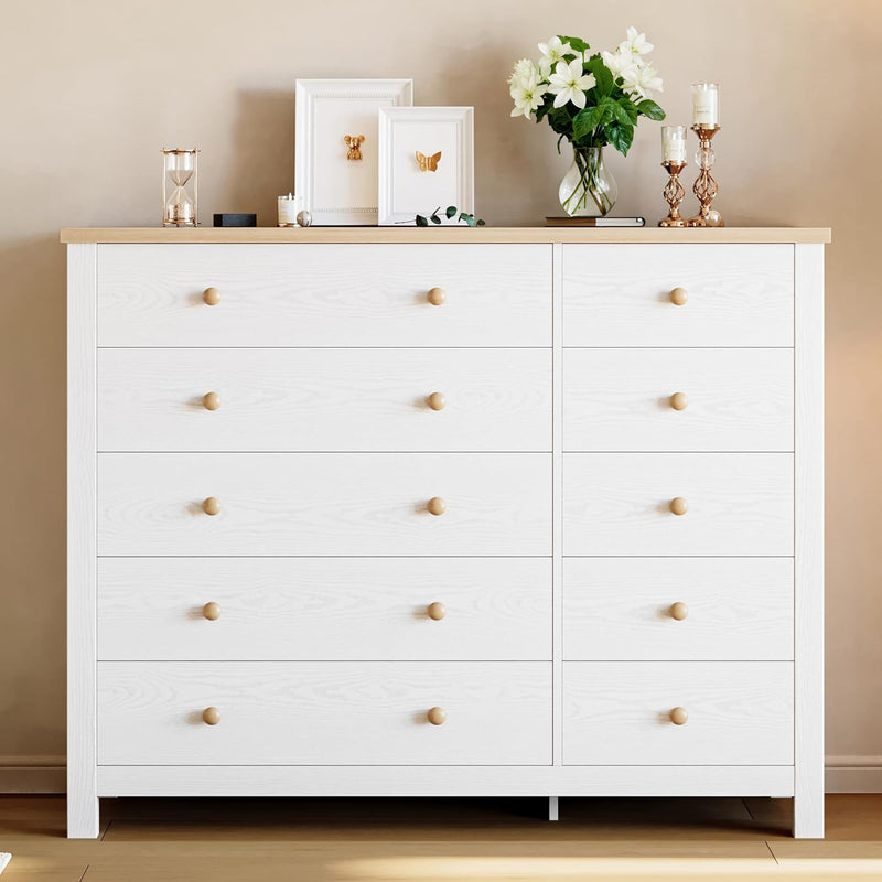 10 Drawer Dresser, Modern White Dressers and Chests of Drawers, 10 Drawer Large Dressers with Solid Wood Knobs, Storage Organizer, TV stand