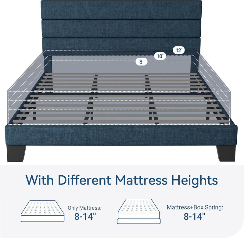 Platform Bed Frame with Fabric Upholstered Headboard and Wooden Slat Support, No Springs Required