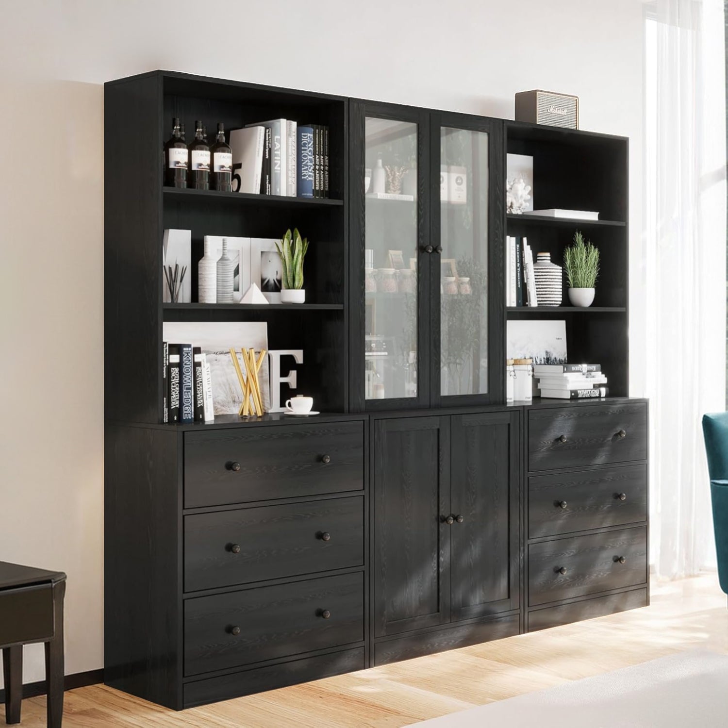 Combination Bookcase 3-Piece Set, 2pcs 71-inch Bookcase with Drawers S ...