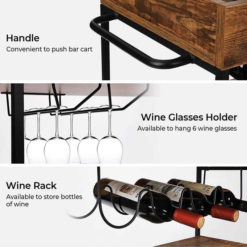Ohwill Industrial Bar Cart with Wheels for the Home, Beverage Cart Bar Serving Liquor Cart with Glass Holders