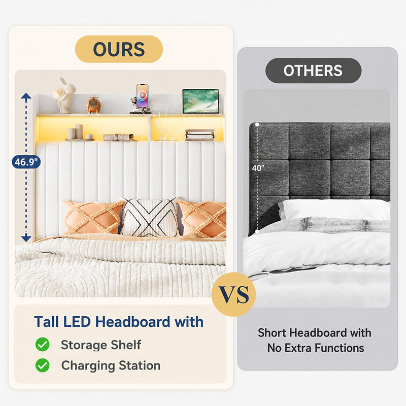 Lift Up Storage Bed Frame with Charging Station & LED Lights, Upholste ...