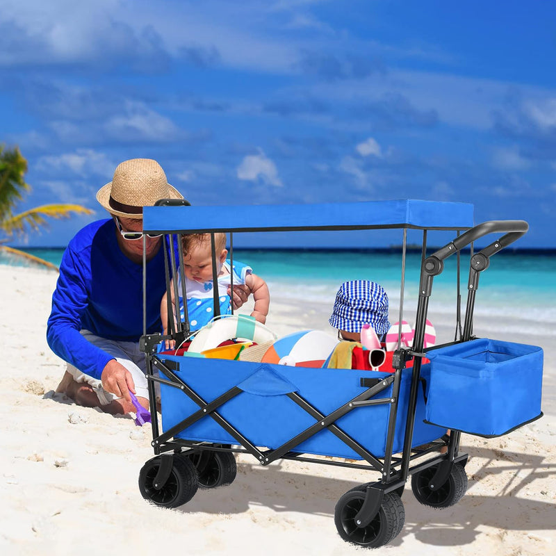 Folding Wagon All-Terrain Wheels Camping Cart with Canopy and Basket