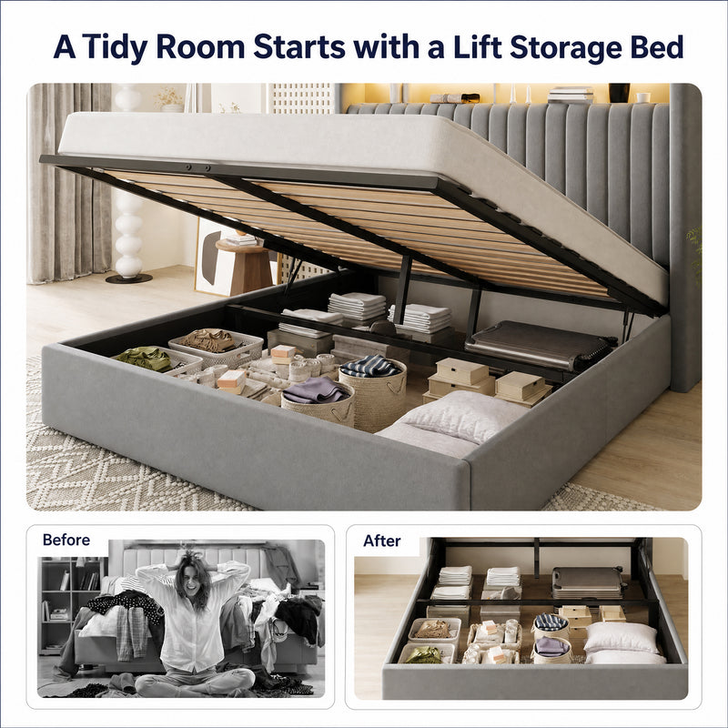 Lift Up Storage Bed Frame with Charging Station & LED Lights, Upholste ...