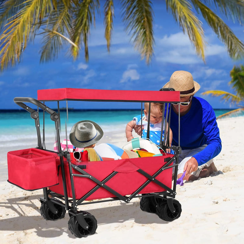 Folding Wagon All-Terrain Wheels Camping Cart with Canopy and Basket