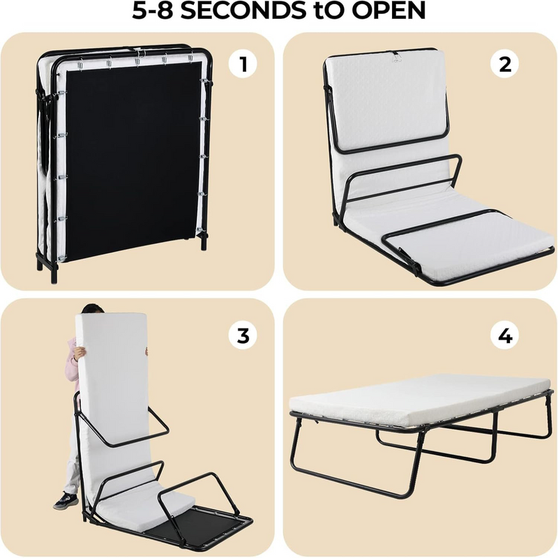 Adult Folding Bed Portable Bed with Wheels, Metal Bed Frame with Memory Foam Mattress, No Assembly Needed