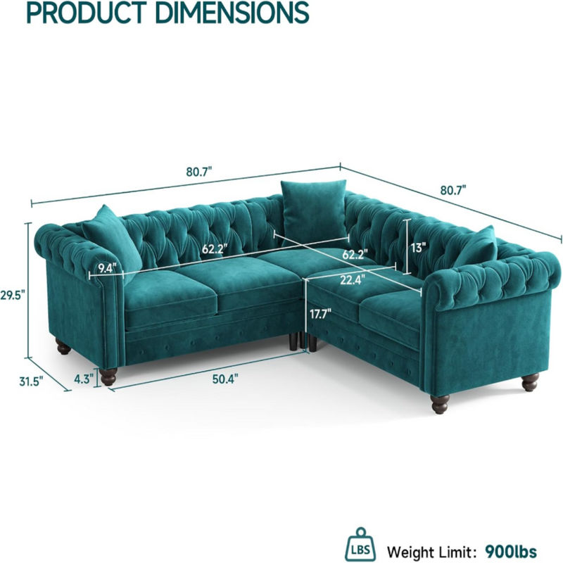 Chesterfield L-Shaped Sectional Sofa, Velvet 5 Seater Counch with 3 Throw Pillows, Tufted Corner Couch with Rolled Armrest