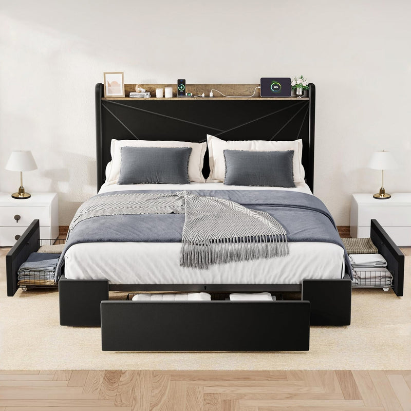 Upholstered Bed Frame with 3 Drawers Storage and and Headboard with USB Ports, No Box Spring Needed