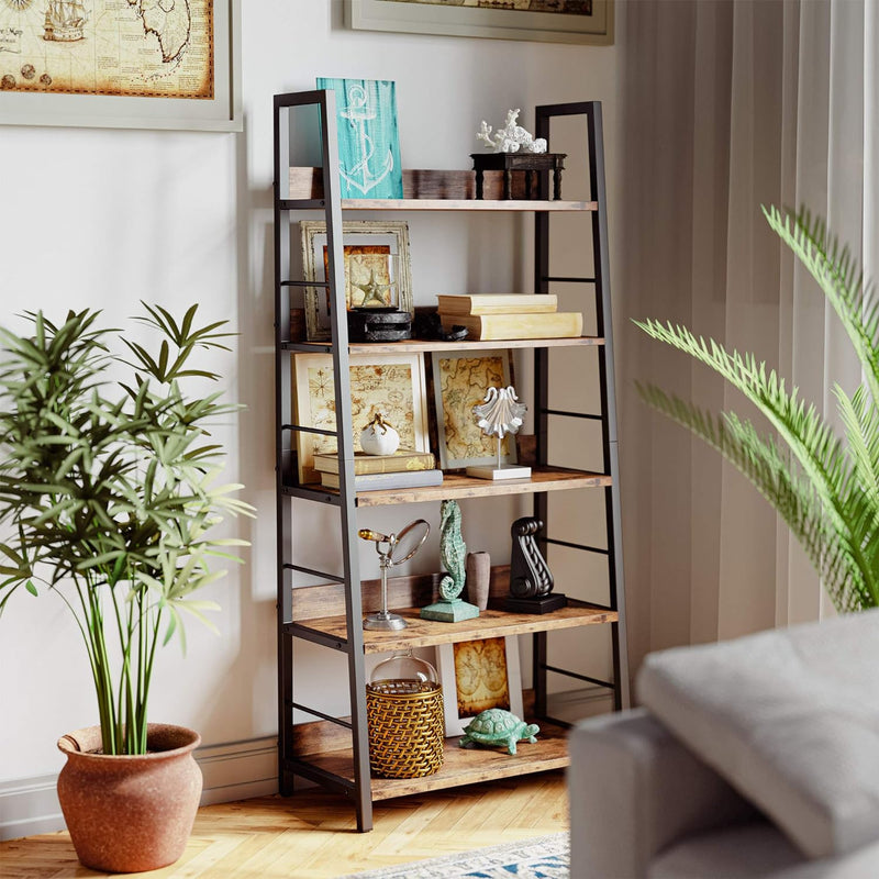 Industrial Bookshelves and Bookcases Ladder Shelf 5 Tier with Metal Frame