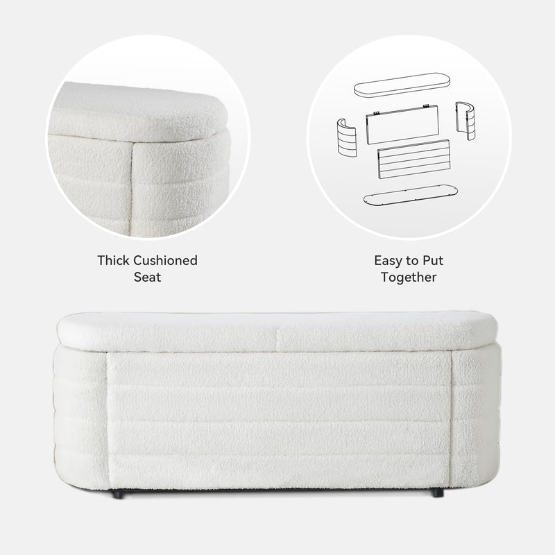 Boucle Storage Bench 45.7 inch Oval Upholstered Hidden Storage Stool, White