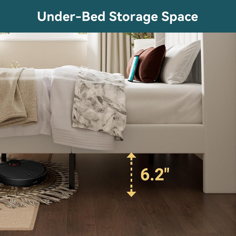 Velvet Bed Frame with Curved Vertical Tufted Wingback Headboard and Footboard, Charging Station Under Bed Storage